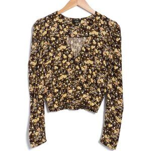 AFRM Floral Puff Long Sleeve Top Womens Faux Wrap Smocked Crop Top